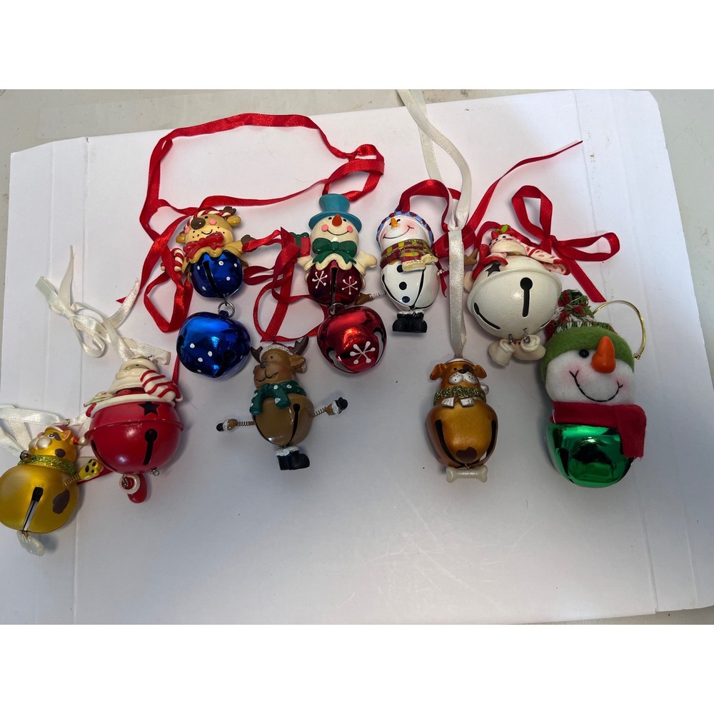 Vintage Style Christmas Jingle Bell Ornaments Lot Snowman Reindeer Santa 9pc